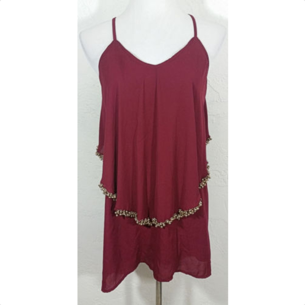 Gracie Small Halter Tank Top Beaded Trim Tiered